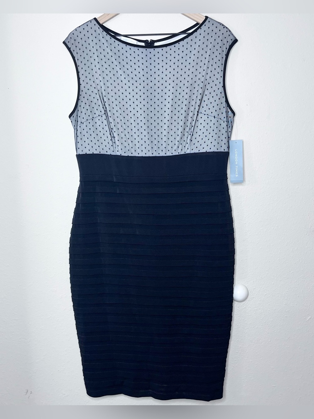 London Times Sheath Dress Size 16 Black Pleated Skirt Polka Dot Mesh Career Work